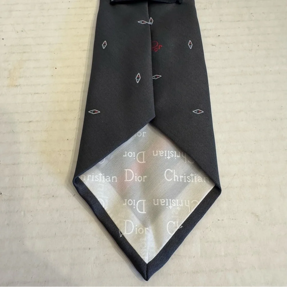 Vintage Christian DIOR Designer Neck Tie Striped Gray Diamonds Business Preppy